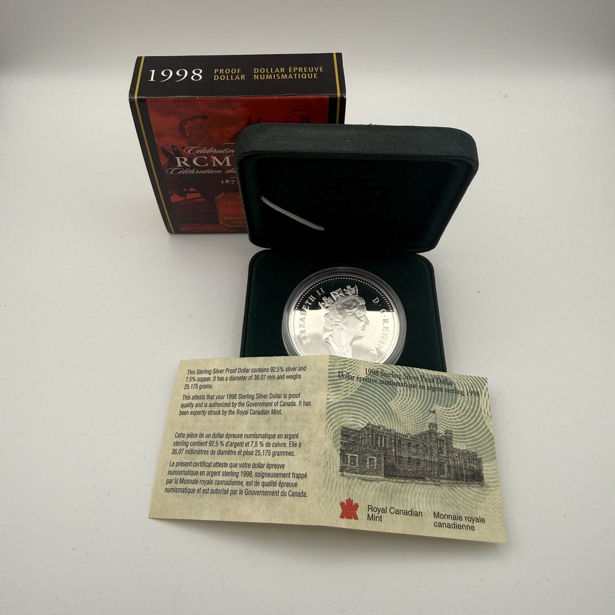 1998 Canada $1 RCMP 125th Anniversary Sterling Silver Proof Dollar - packaging