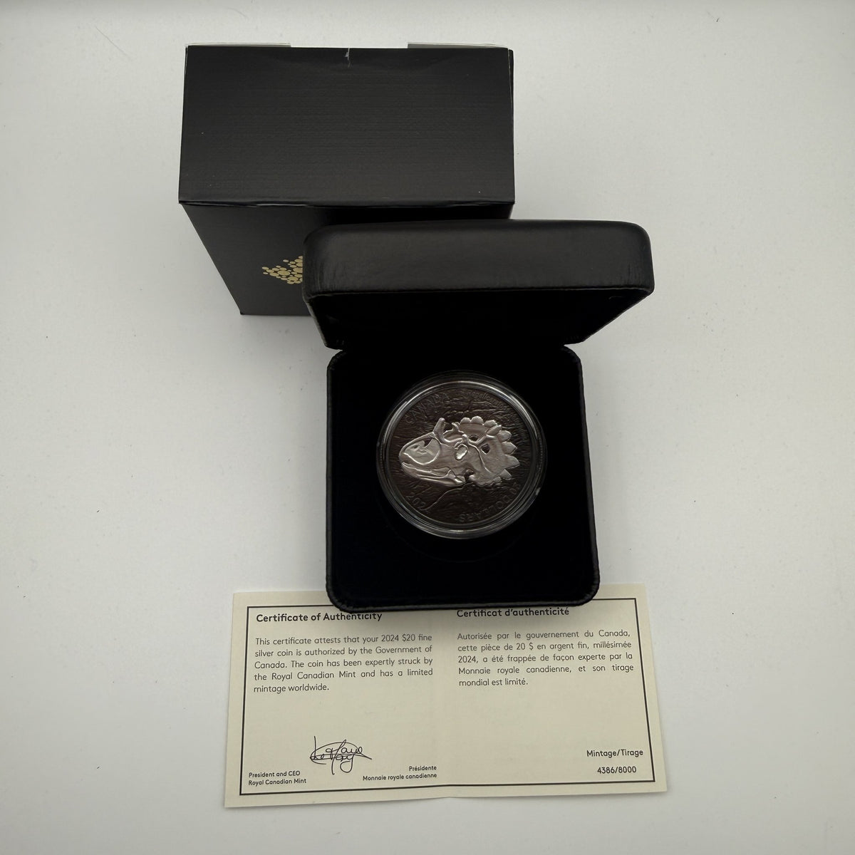 2024 Canada $20 Discovering Dinosaurs: Royal Horned Faced 1 oz Fine Silver Coin - front
