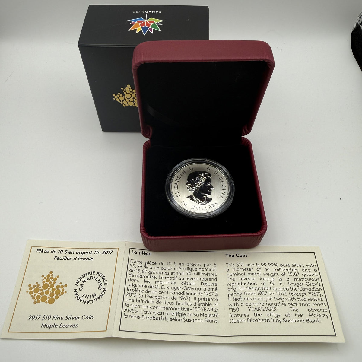 2017 Canada $10 Maple Leaves Fine Silver Coin Canada 150 - back