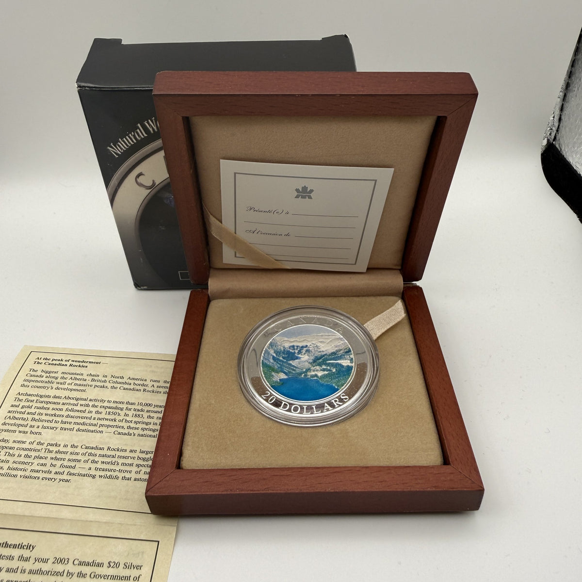 2003 Canada $20 The Rockies Coloured Fine Silver Proof Coin - front