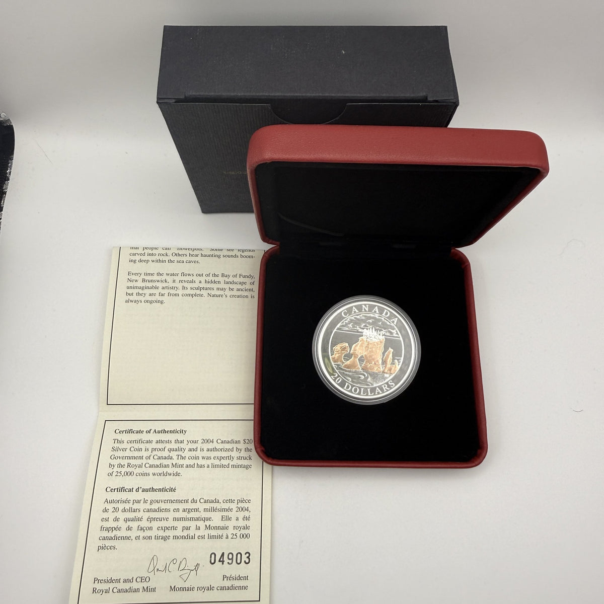 2004 Canada $20 The Hopewell Rocks Fine Silver Proof Coin - front