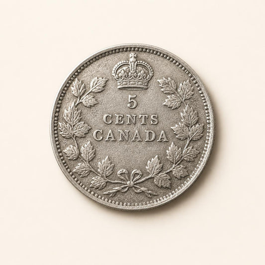 Canadian 80 percent silver five-cent fish scale coin, 1920, reverse (representative)