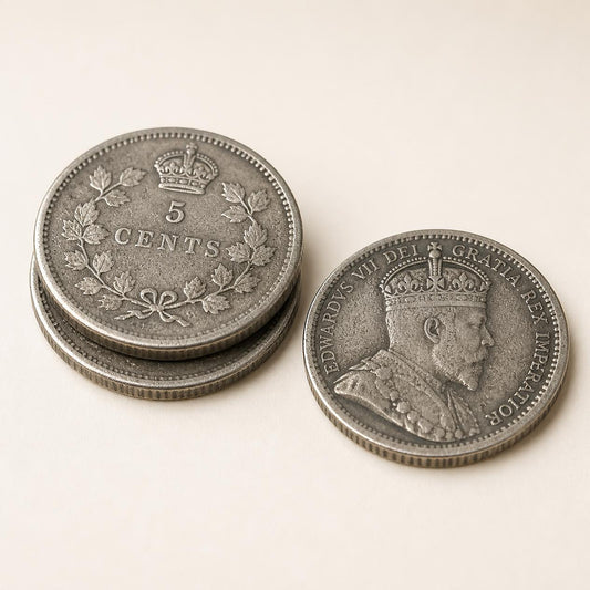 Canadian 92.5 percent silver five-cent fish scale coins, 1908 to 1919, 3 coins (representative)