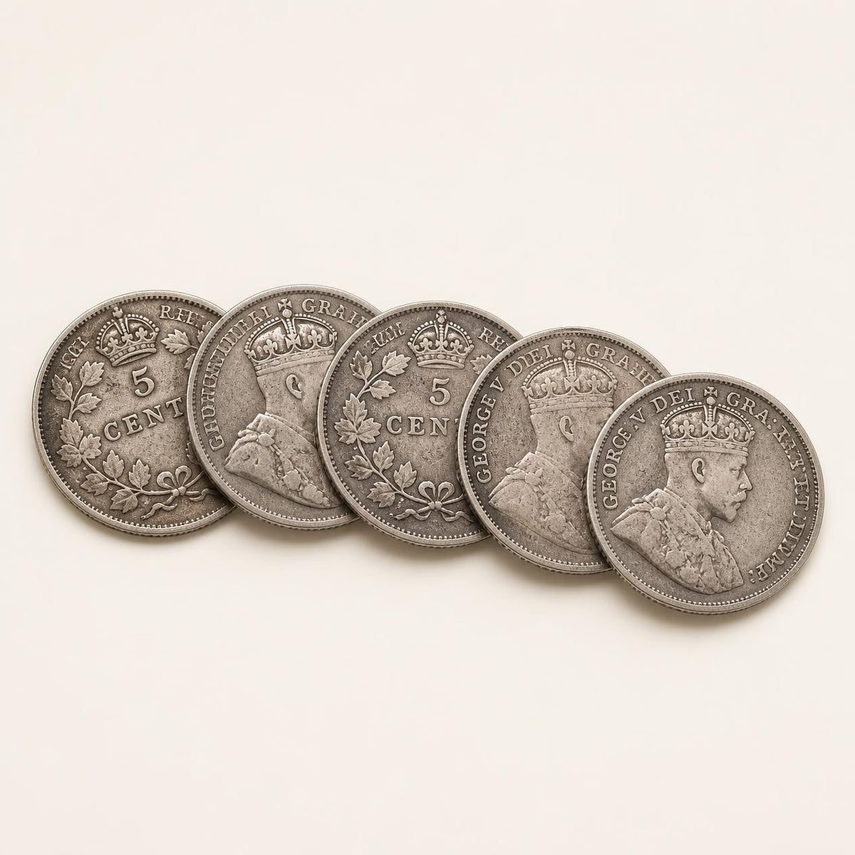 Canadian 92.5 percent silver five-cent fish scale coins, 1908 to 1919, 5 coins (representative)