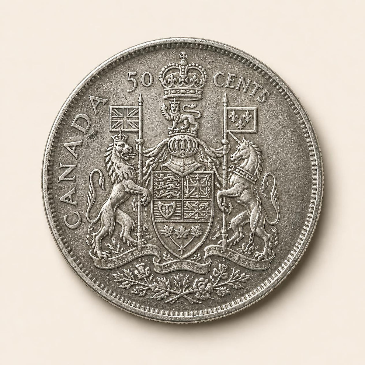 Canadian 80 percent silver half dollar, 1937 to 1966, reverse (representative)