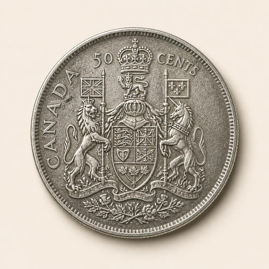 Canadian 80 percent silver half dollar, 1937 to 1966, reverse (representative)