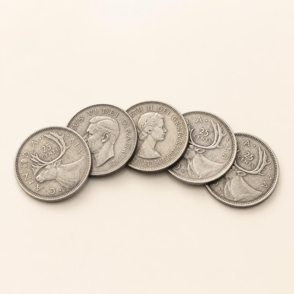 Canadian 80 percent silver quarters, 1937 to 1966, 5 coins (representative)
