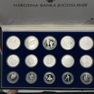 1984 Sarajevo Winter Olympics Yugoslavia Silver Proof 15-Coin Set – 100, 250 & 500 Dinara (Original Case)