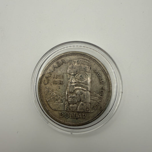 1958 British Columbia Totem Pole Silver Dollar - front