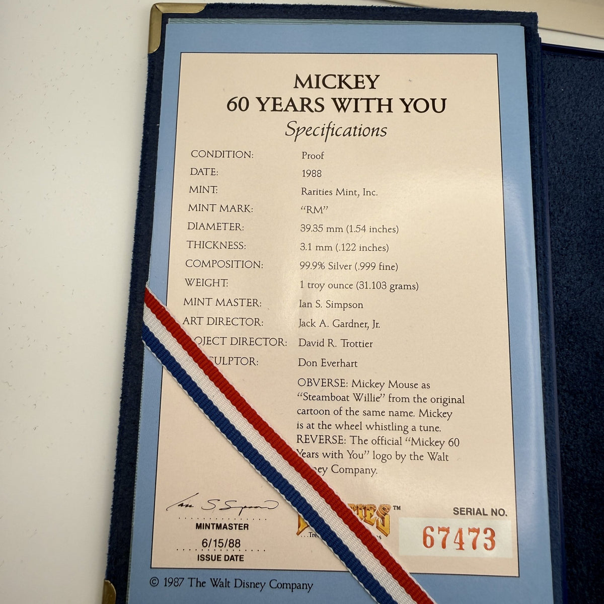 1988 Mickey 60 Years With You Silver Proof Round - certificate