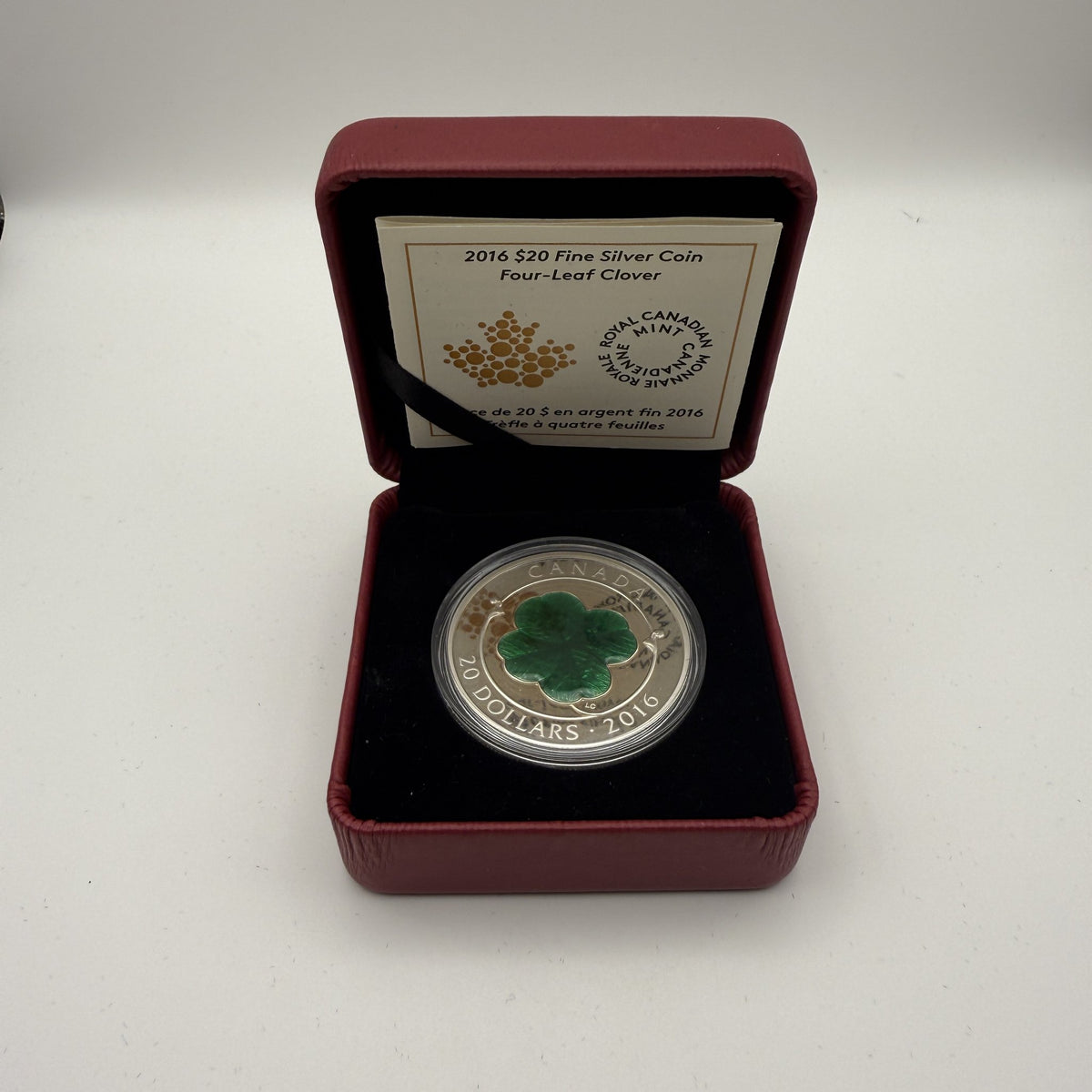 2016 Lucky Four-Leaf Clover $20 Silver Coin - front