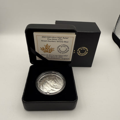 2023 Great Hunters Grizzly Bear Ultra High Relief $20 Silver Coin - packaging