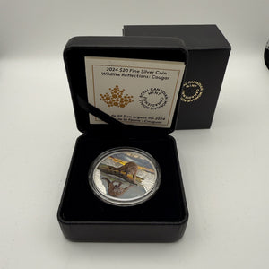2024 Canada $20 Wildlife Reflections: Cougar 1 oz Fine Silver Coloured Proof Coin, Box & Certificate