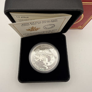 2024 Canada $15 Lunar Year of the Dragon 1 oz Pure Silver Proof Coin, Red Box & Certificate