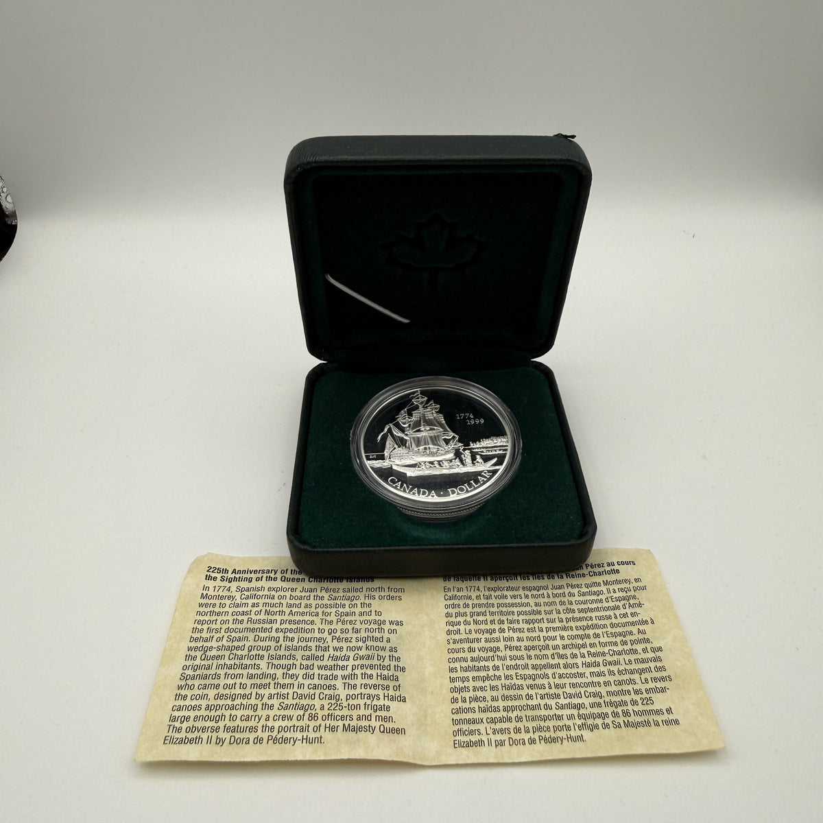 1999 Canada $1 Voyage of Juan Pérez 225th Anniversary Sterling Silver Proof Dollar - packaging