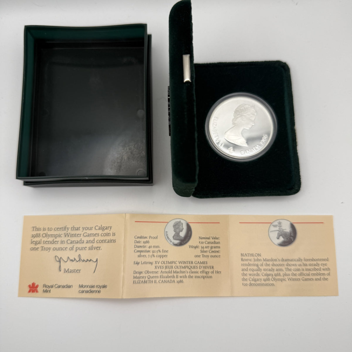 1988 Calgary $20 Freestyle Skiing - second coin - back and certificate