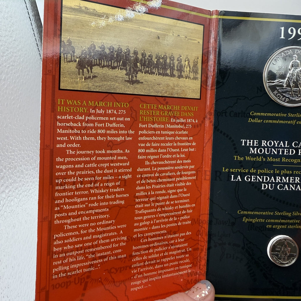 1998 Canada $1 RCMP 125th Anniversary Sterling Silver Dollar & Collector Pin Set - packaging