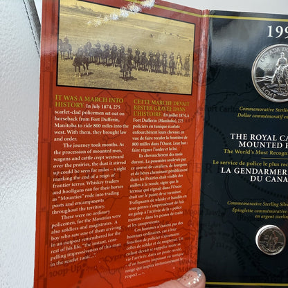 1998 Canada $1 RCMP 125th Anniversary Sterling Silver Dollar & Collector Pin Set - packaging