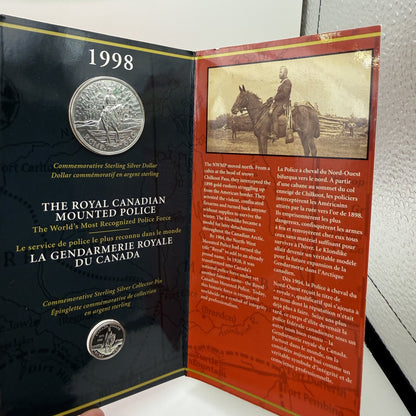 1998 Canada $1 RCMP 125th Anniversary Sterling Silver Dollar & Collector Pin Set - packaging