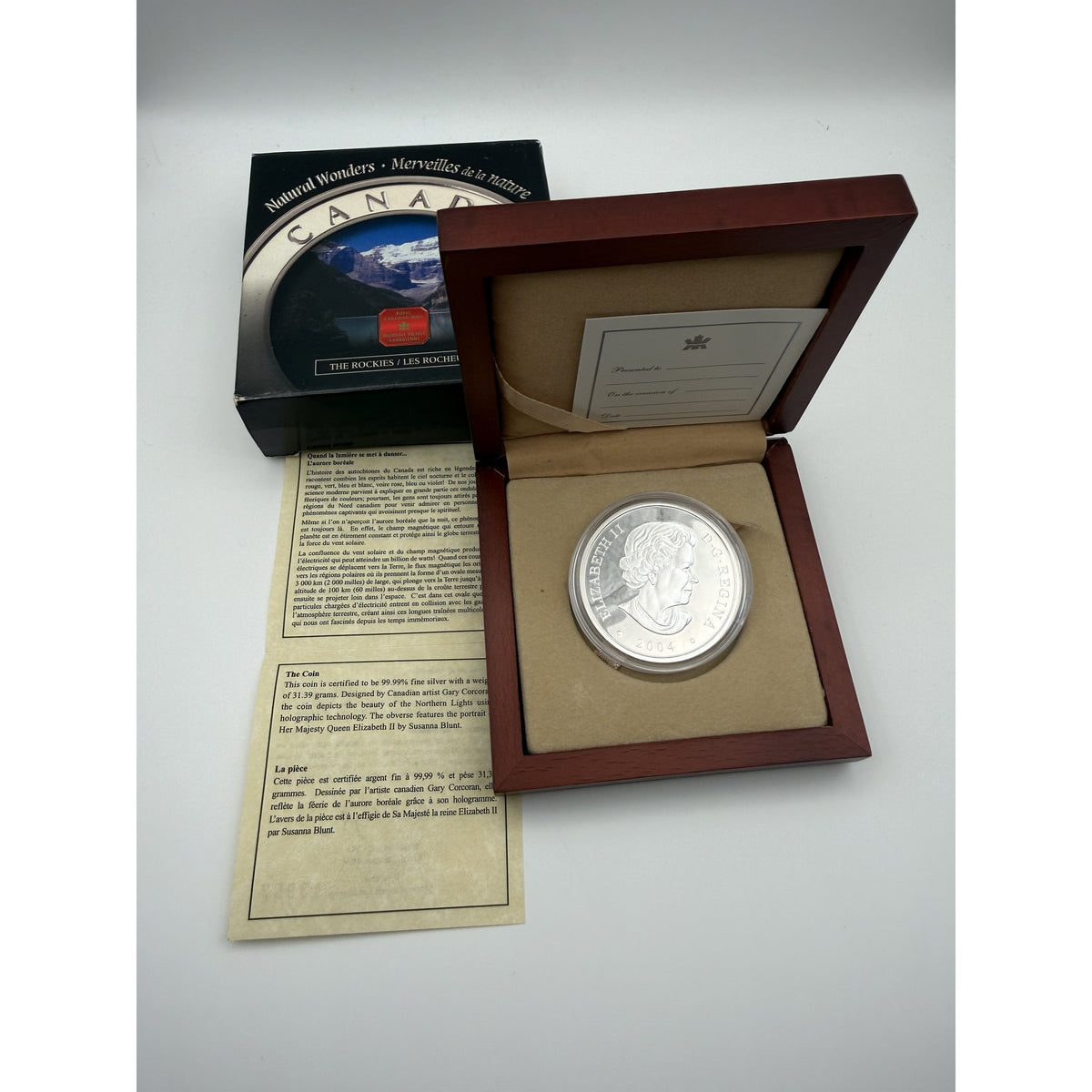 2004 Canada $20 Aurora Borealis (Northern Lights) Hologram 1 oz Fine Silver Proof Coin - back