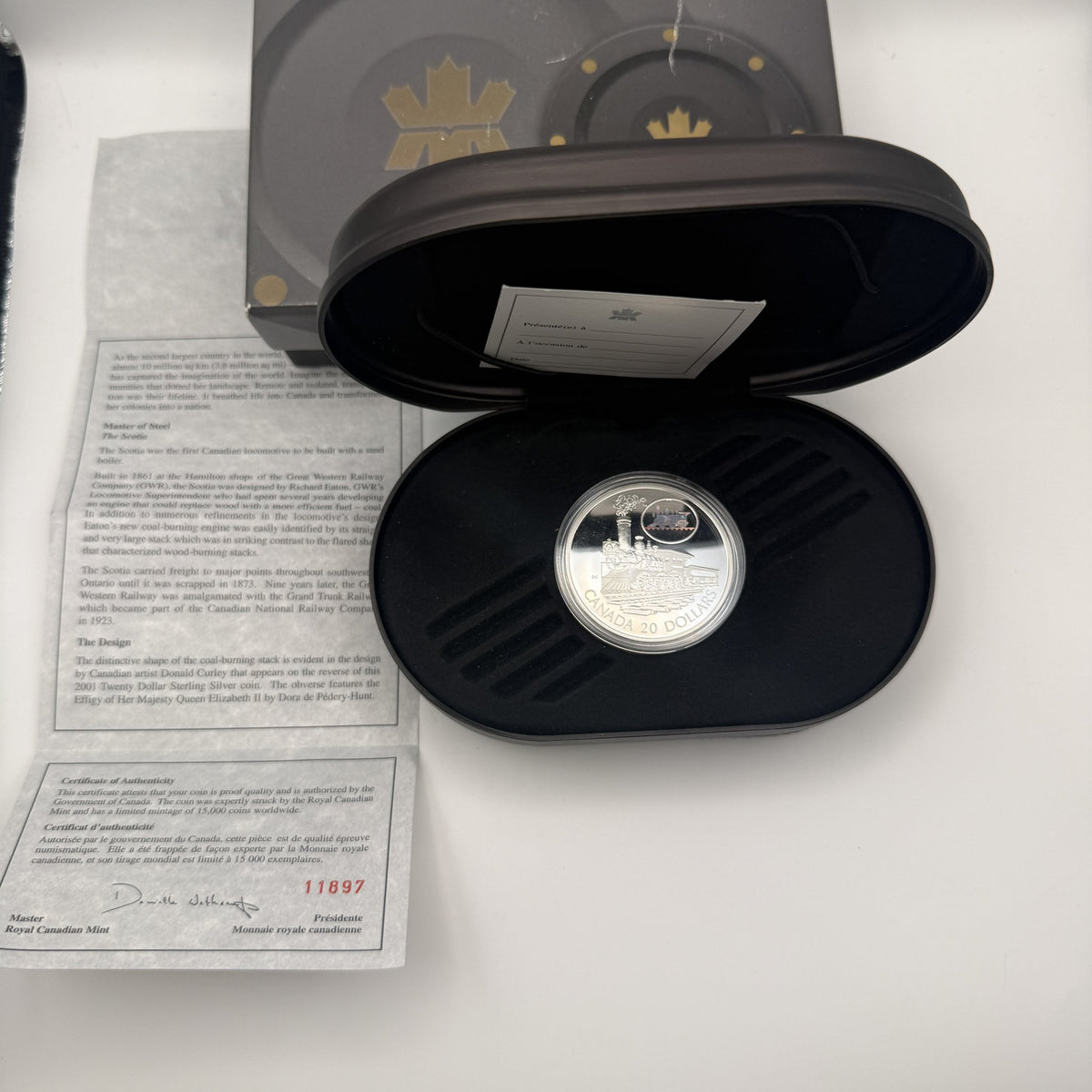 2001 Canada $20 The Scotia Locomotive Sterling Silver Proof Coin with Hologram - packaging