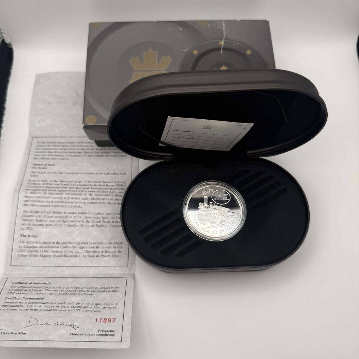 2001 Canada $20 The Scotia Locomotive Sterling Silver Proof Coin with Hologram - packaging