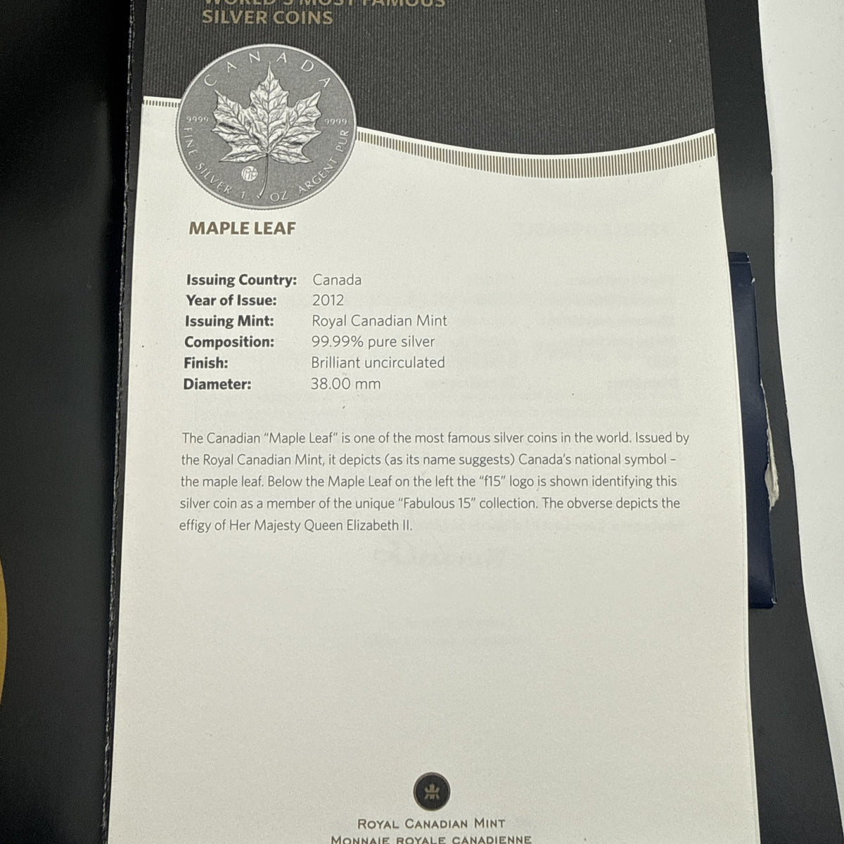 2012 Canada $5 1 oz Silver Maple Leaf with F15 Privy - packaging