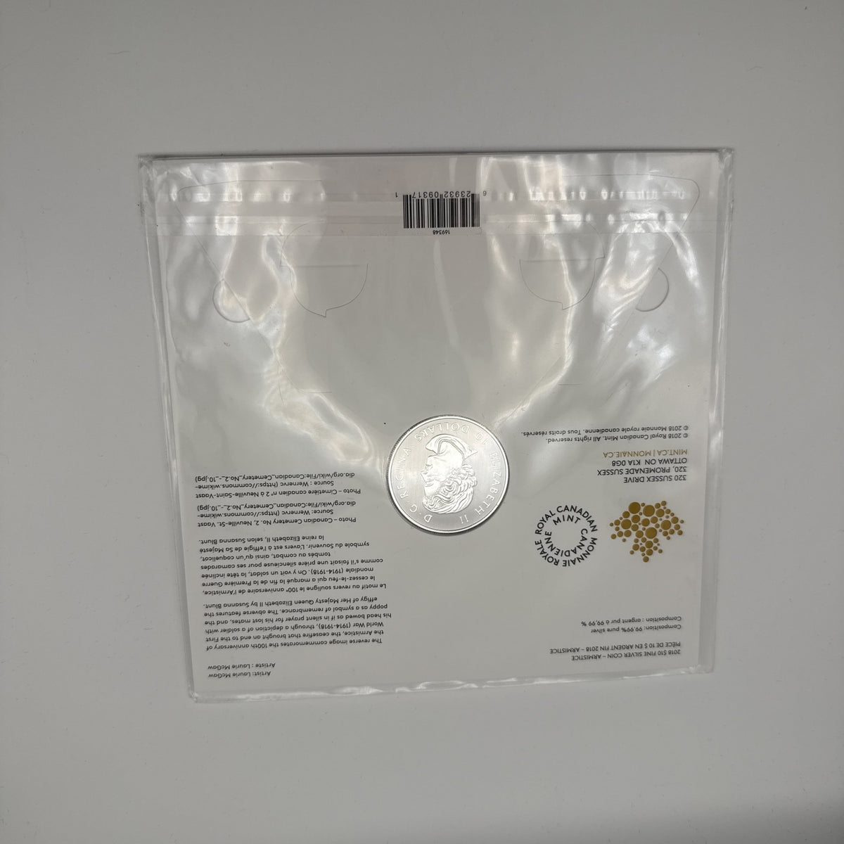 2018 Canada $10 Armistice 1918–2018 Fine Silver Coin - back