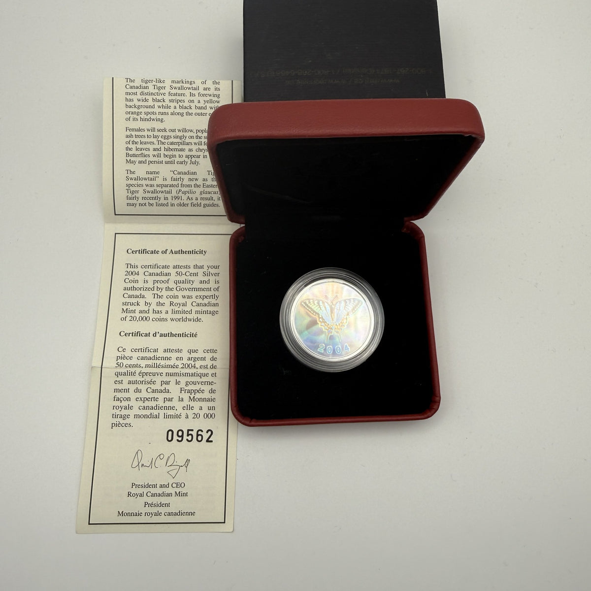 2004 Canada 50 Cents Canadian Tiger Swallowtail Butterfly Hologram Sterling Silver Proof - packaging