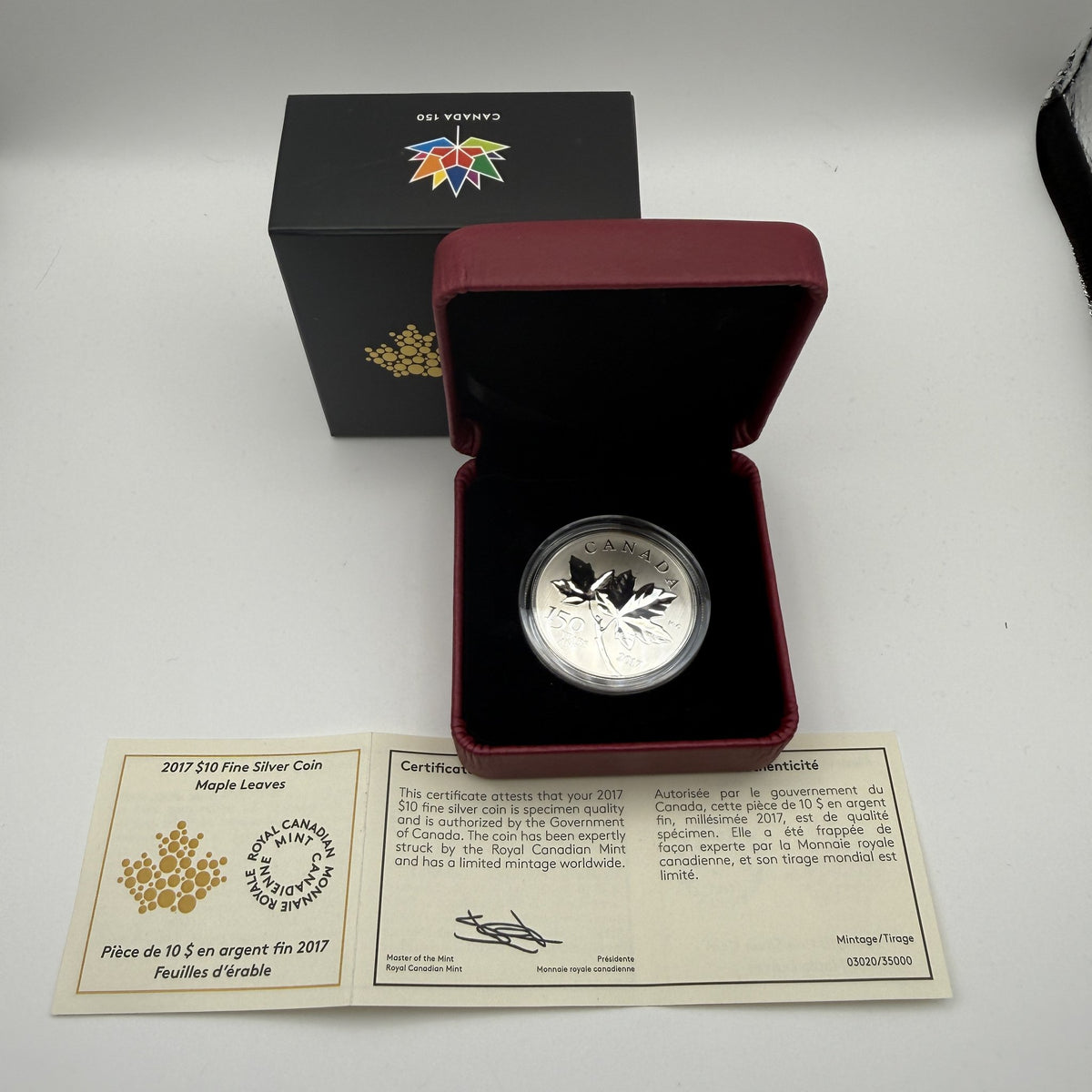2017 Canada $10 Maple Leaves Fine Silver Coin Canada 150 - front