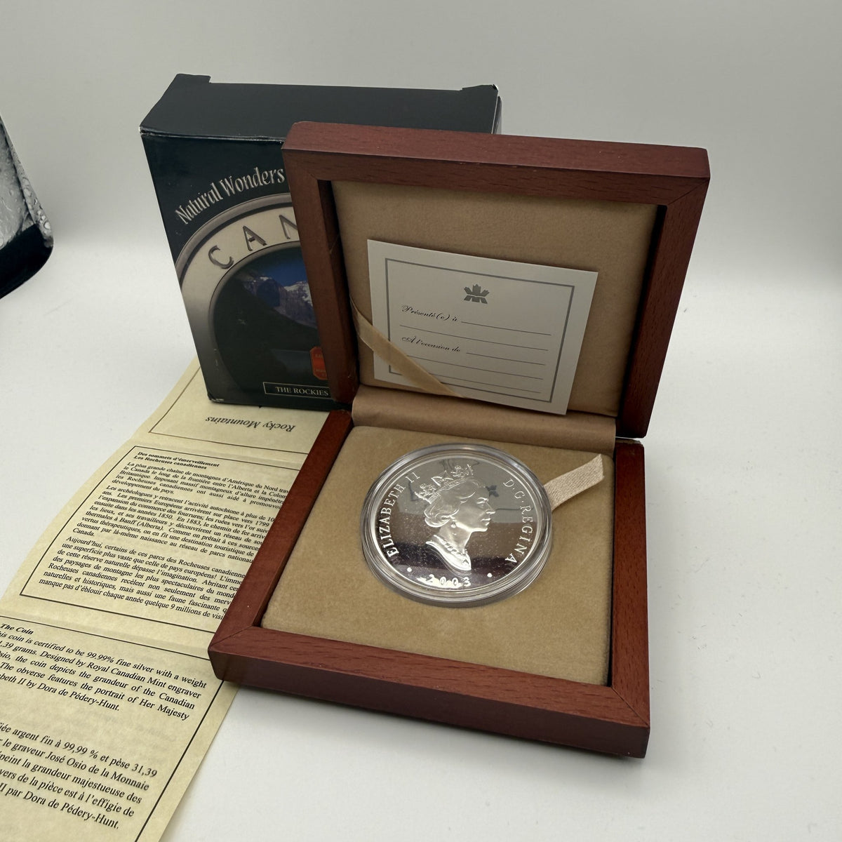 2003 Canada $20 The Rockies Coloured Fine Silver Proof Coin - back