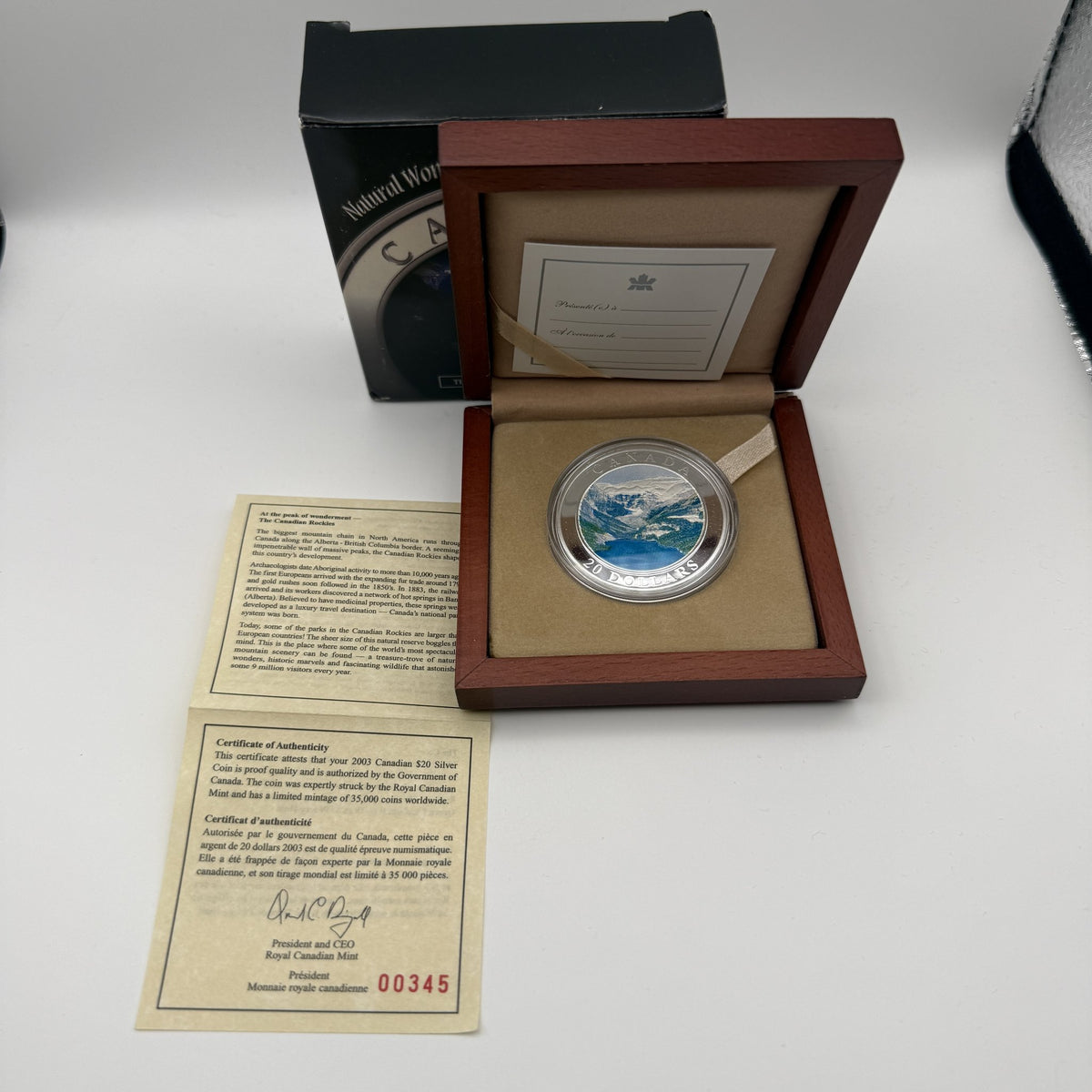 2003 Canada $20 The Rockies Coloured Fine Silver Proof Coin - packaging