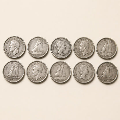 Canadian 80 percent silver dimes, 1937 to 1966, 10 coins (representative)