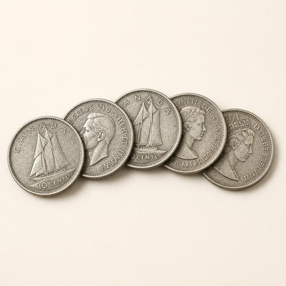 Canadian 80 percent silver dimes, 1937 to 1966, 5 coins (representative)