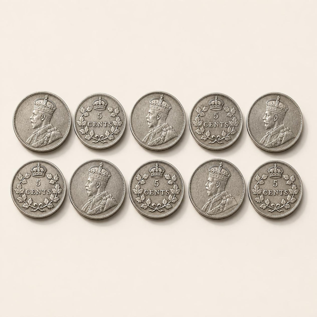 Canadian 80 percent silver five-cent fish scale coins, 1920, 10 coins (representative)