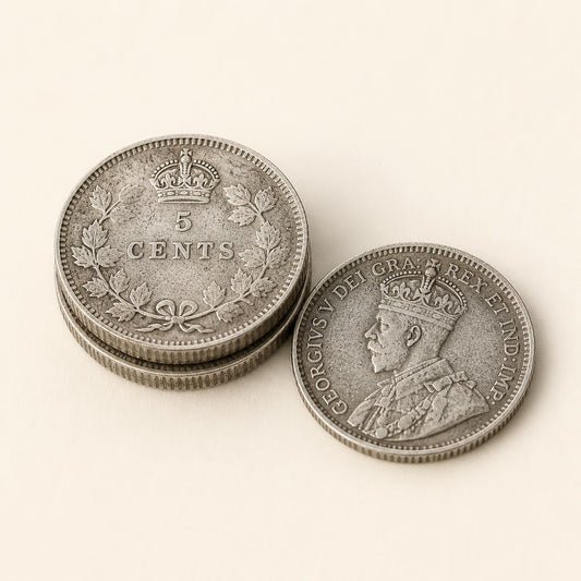 Canadian 80 percent silver five-cent fish scale coins, 1920, 3 coins (representative)