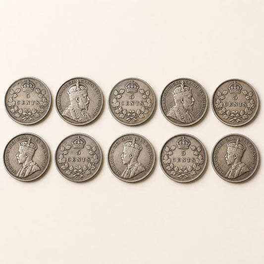 Canadian 92.5 percent silver five-cent fish scale coins, 1908 to 1919, 10 coins (representative)