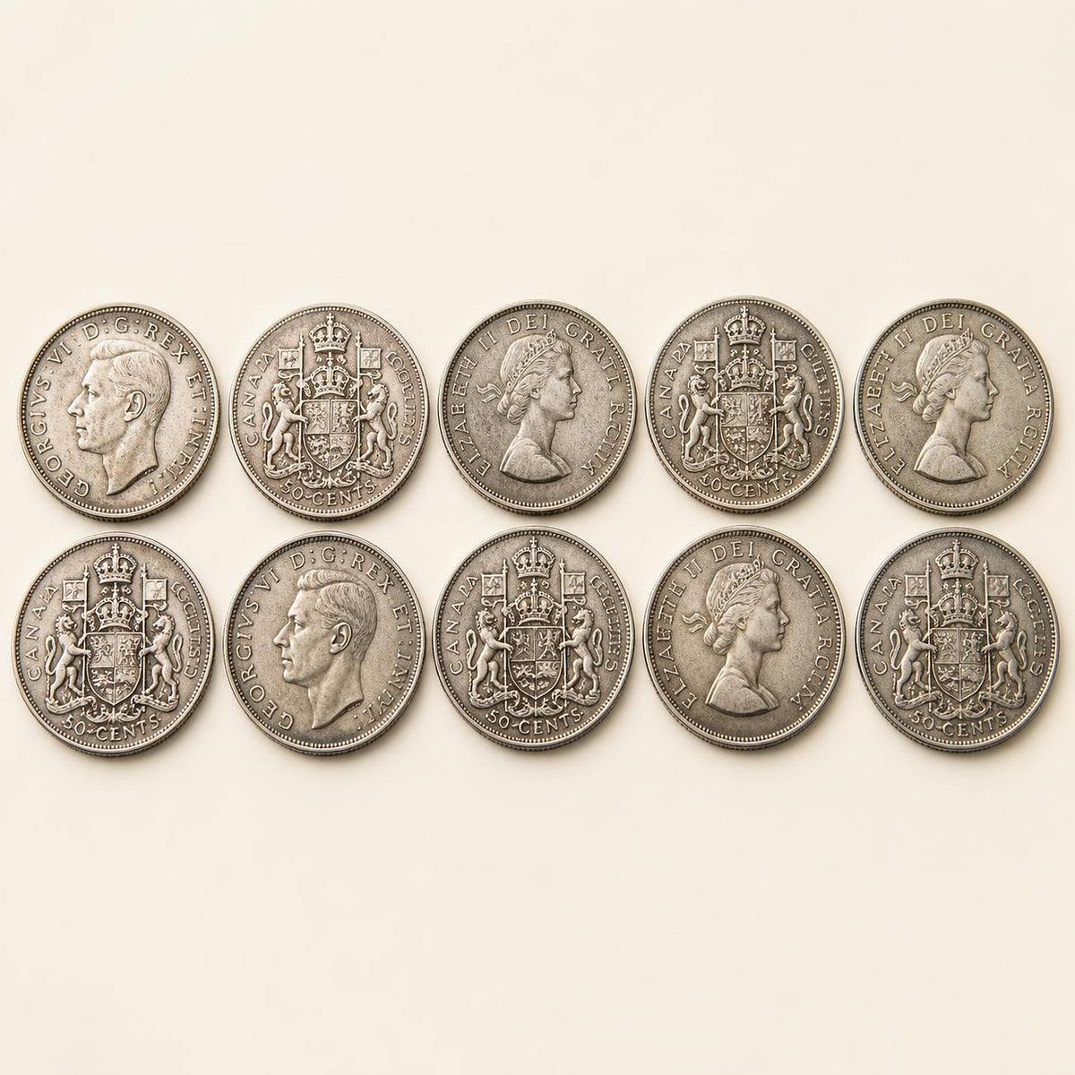 Canadian 80 percent silver half dollars, 1937 to 1966, 10 coins (representative)