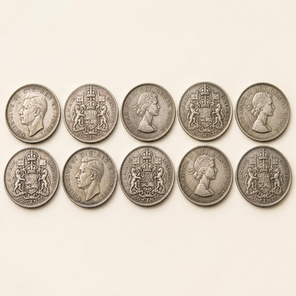 Canadian 80 percent silver half dollars, 1937 to 1966, 10 coins (representative)
