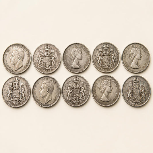 Canadian 80 percent silver half dollars, 1937 to 1966, 10 coins (representative)