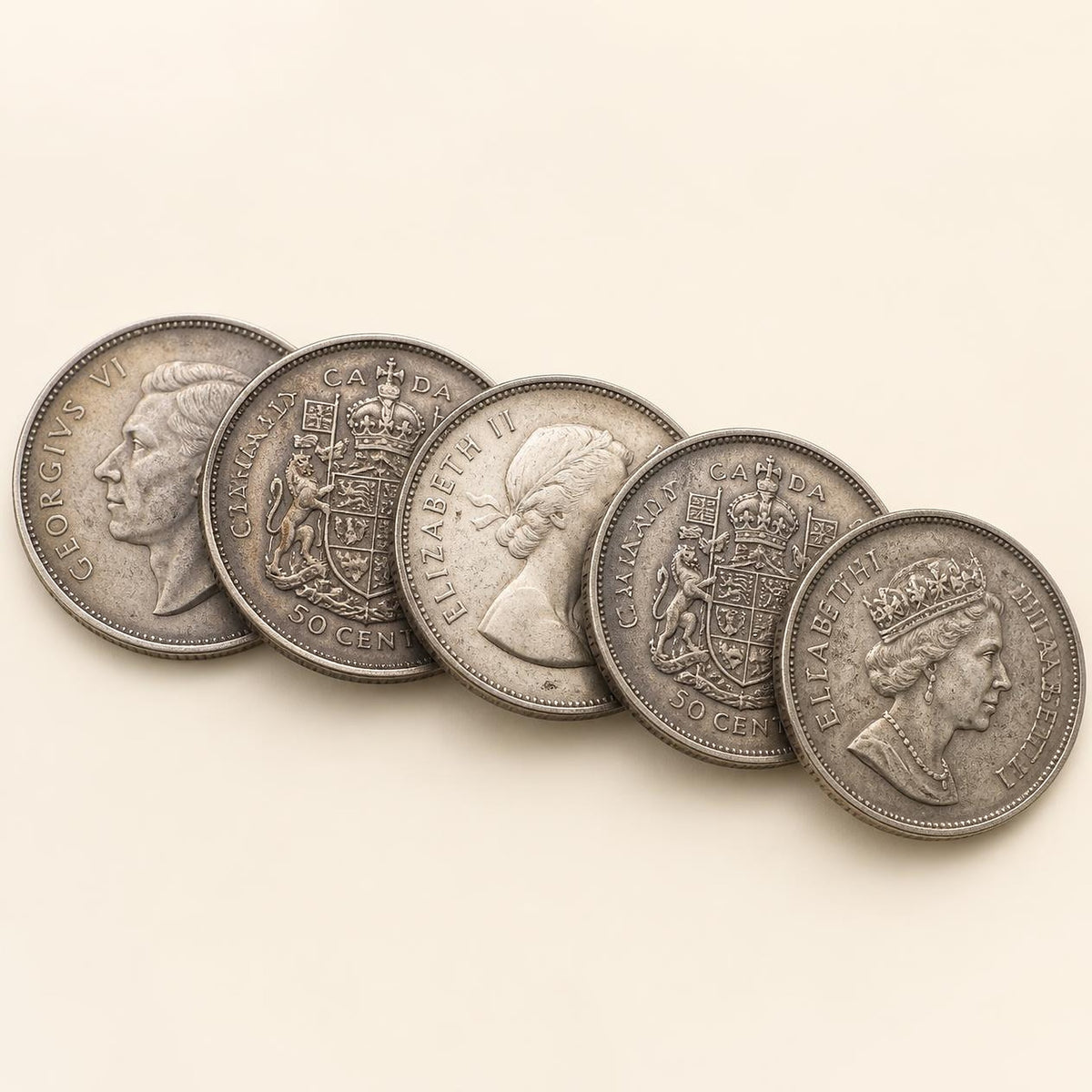 Canadian 80 percent silver half dollars, 1937 to 1966, 5 coins (representative)