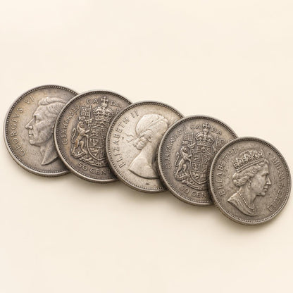 Canadian 80 percent silver half dollars, 1937 to 1966, 5 coins (representative)