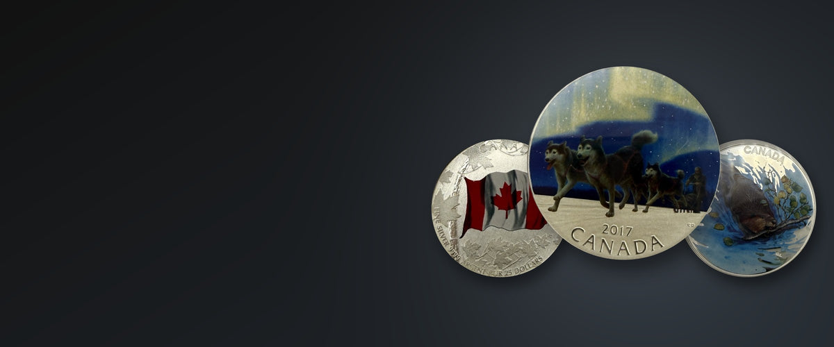 Canadian silver coins: 2015 Canadian Flag, 2017 Dog Sledding Under the Northern Lights and 2017 Beaver