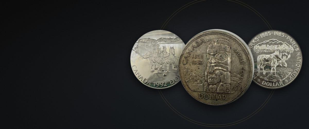 Canadian silver dollars: 1958 BC Totem Pole, 1992 Stagecoach, 1985 National Parks Moose