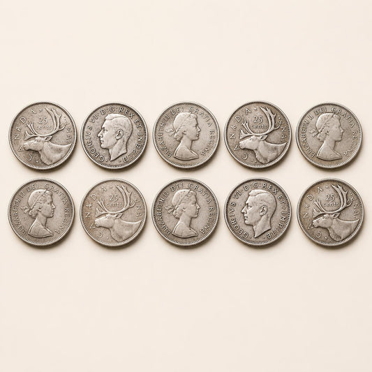 Canadian 80 percent silver quarters, 1937 to 1966, 10 coins (representative)