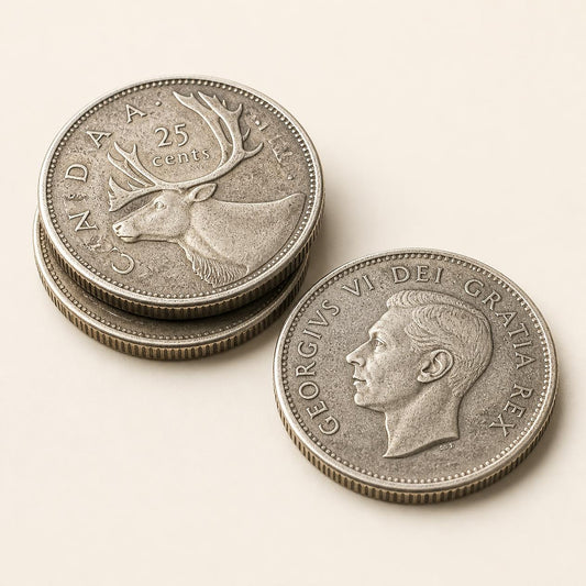 Canadian 80 percent silver quarters, 1937 to 1966, 3 coins (representative)